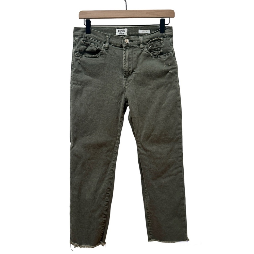 Kensie Vintage Luxe The Slim Olive Green Distressed Raw Hem Jeans Women’s 4/27